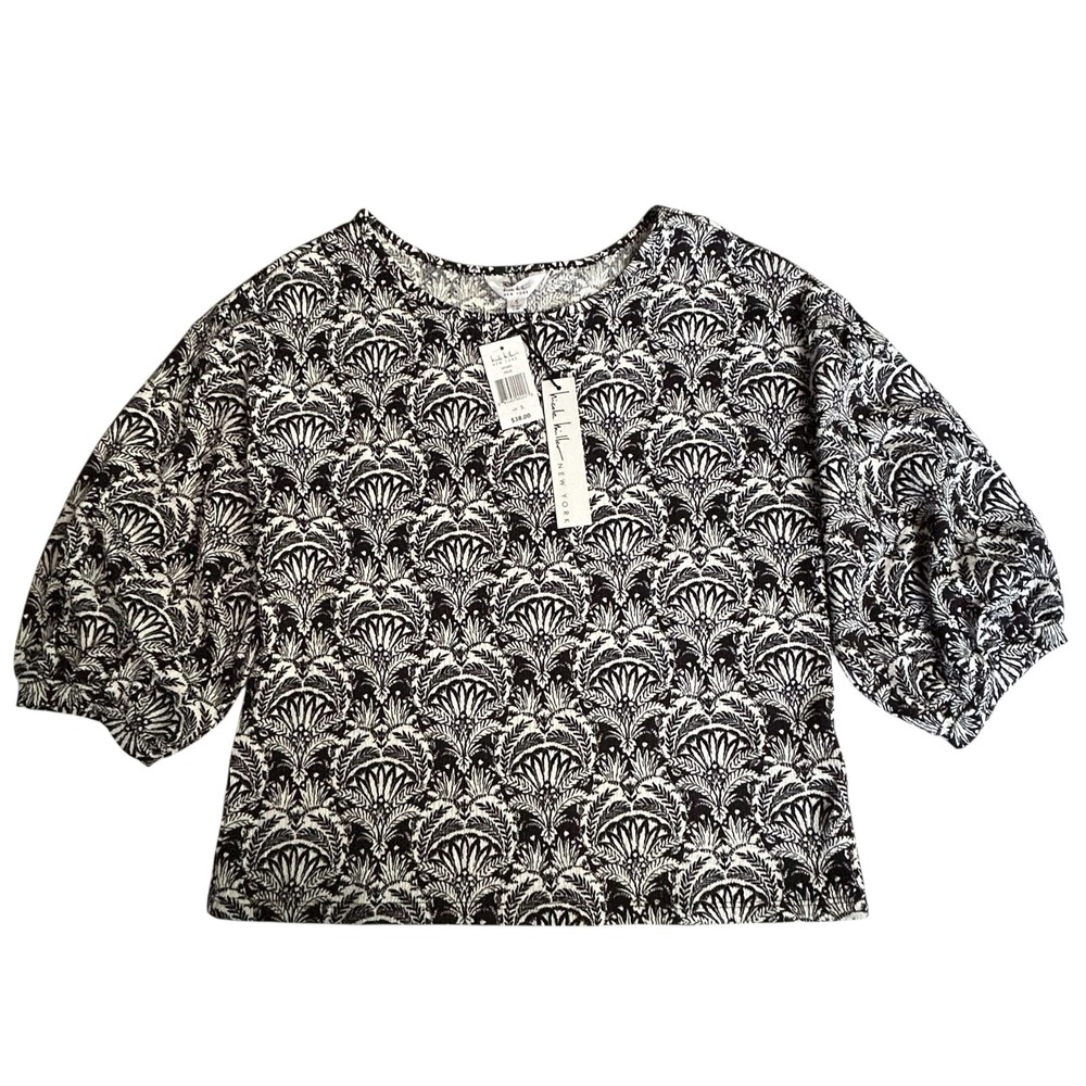 Nicole‎ Miller Shirt Womens Small Black White Palm Puff Sleeve Jacquard Top NWT